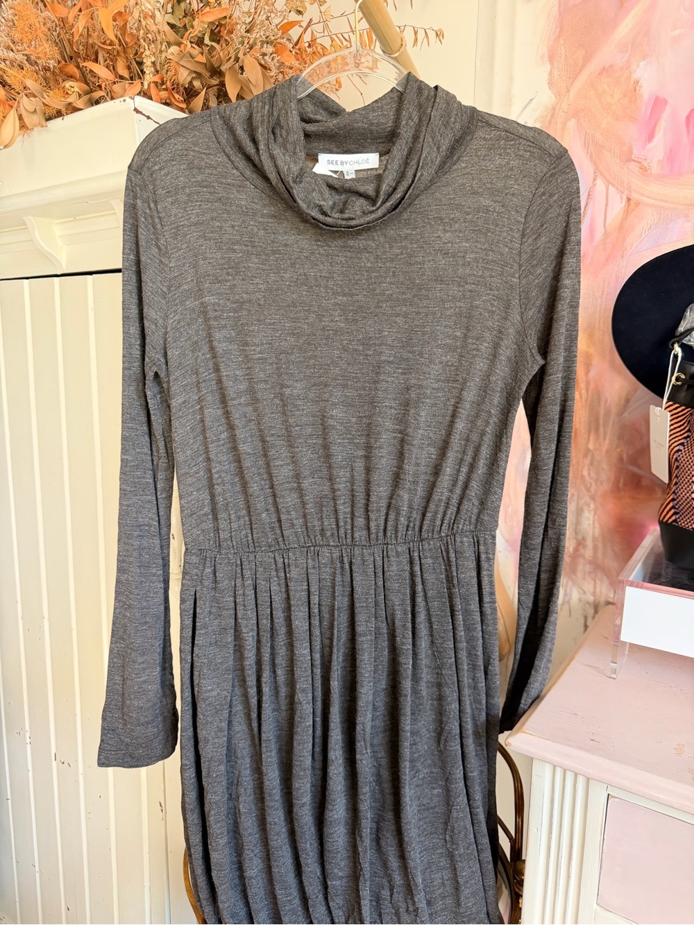 See By Chloe Heather Gray Long-Sleeve Gathered Waist Dress